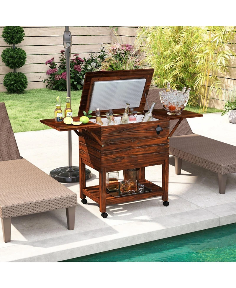 Sugift 54 Quart Wooden Patio Cooler Cart Rolling Ice Chest with Folding Side Shelves