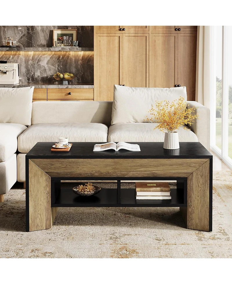 Tribesigns Rectangular Coffee Table with 2-Tier Storage,Wood Center Table with Durable Trapezoidal Legs for Living Room,Heavy Duty