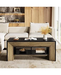 Tribesigns Rectangular Coffee Table with 2-Tier Storage,Wood Center Table with Durable Trapezoidal Legs for Living Room,Heavy Duty