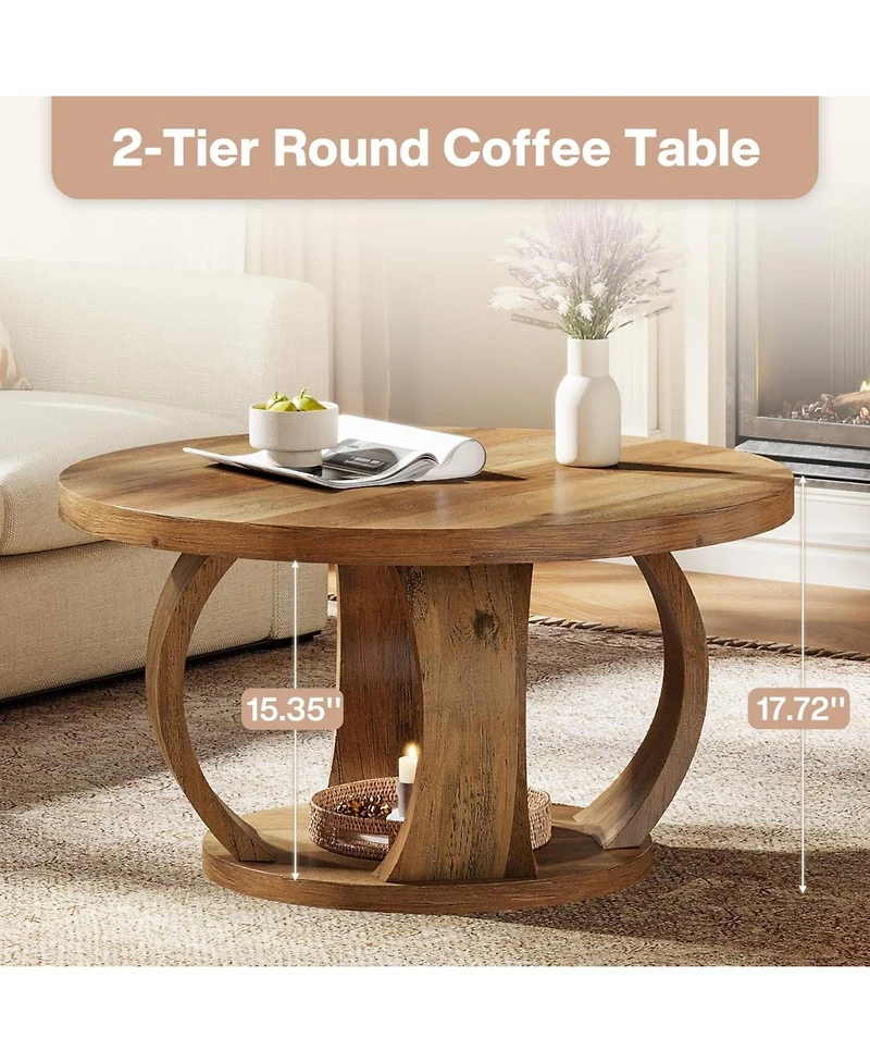 Tribesigns Round Coffee Table,2-Tier Circle Coffee Table with Storage,Farmhouse Wooden Center Furniture for Living Room,Small Space