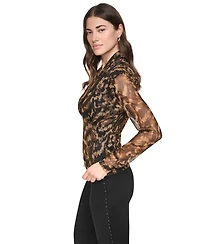 Dkny Women's Printed Mesh V-Neck Long-Sleeve Top