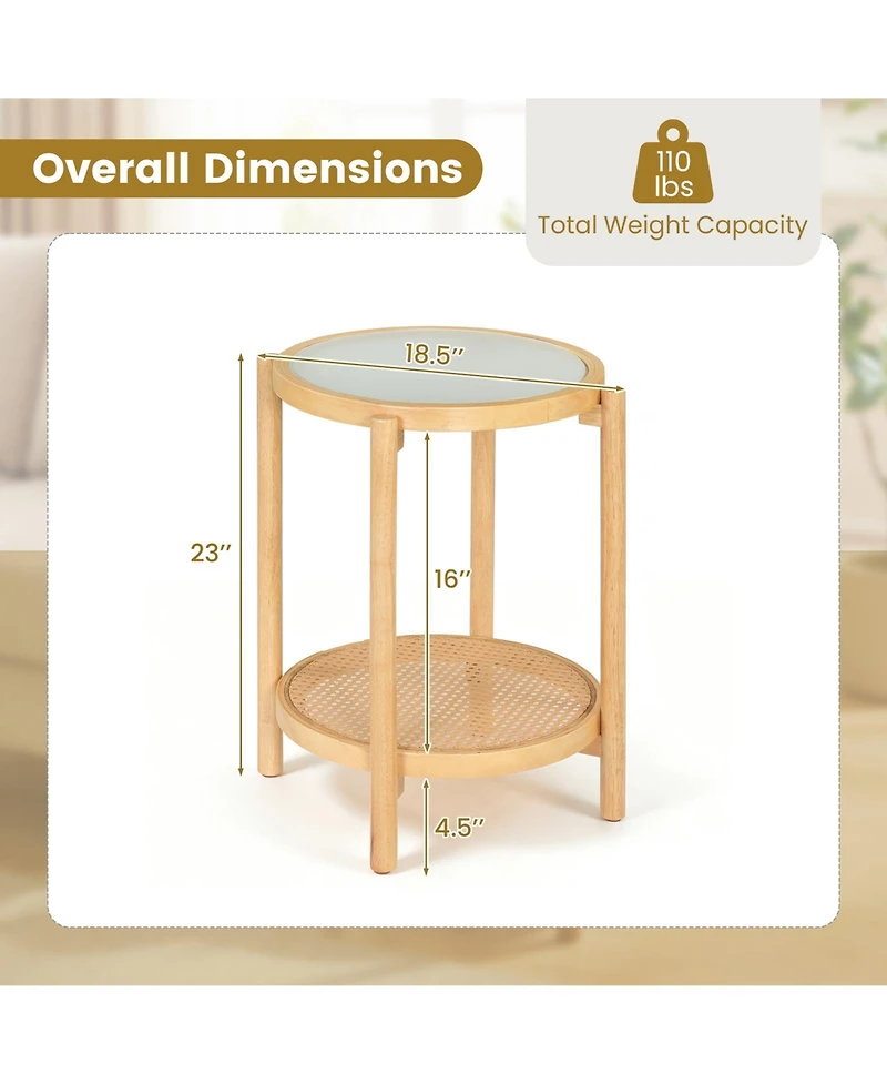 Gymax Room > End and Side Tables Gymax 2PCS Round Side Table w/Tempered Glass Top Storage Shelf Acacia Wood Legs