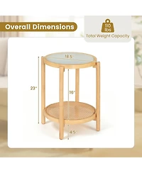 Gymax Room > End and Side Tables Gymax 2PCS Round Side Table w/Tempered Glass Top Storage Shelf Acacia Wood Legs