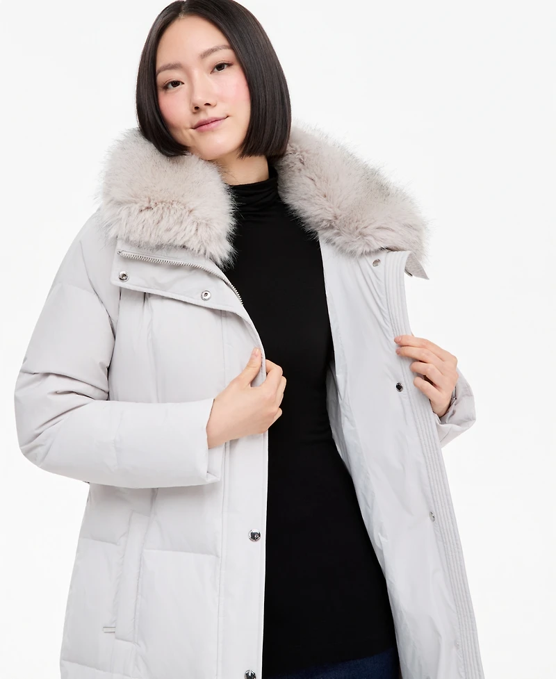 Michael Kors Women's Hooded Puffer Belted Faux-Fur-Collar Coat