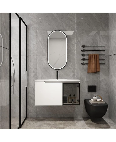 Thirtypeachy 36" Wall-Mounted Glossy White Bathroom Vanity With Ceramic Sink, Gray Glass Door, 2 Soft-Close Doors