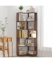 Clihome 6 Tier Freestanding L-Shaped Corner Bookshelf, Wooden Bookcase Display Shelf Open storage rack Organizer
