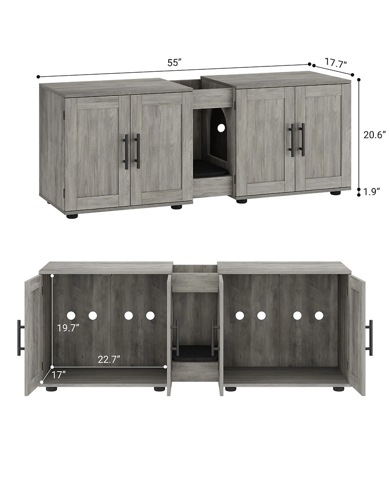 homfan double cat litter box enclosure with dual compartments, engineered wood hidden cabinet, indoor cat house furniture for 2 cats.