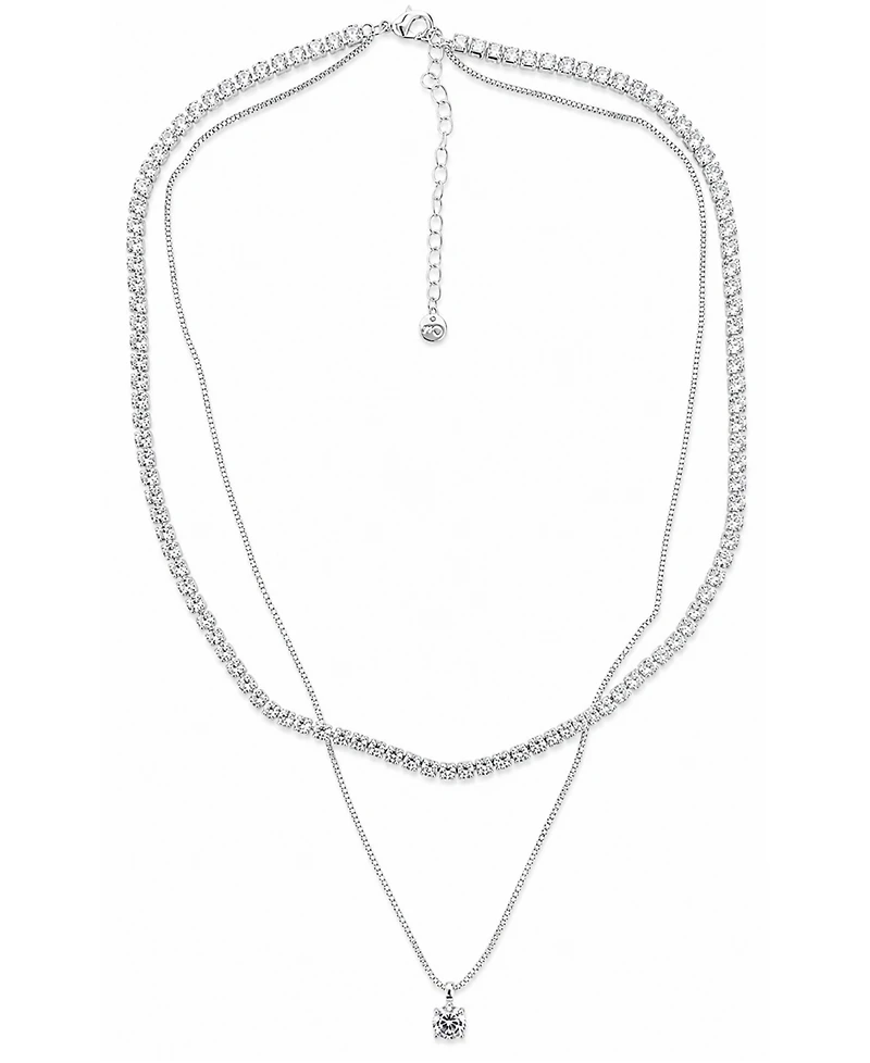 And Now This Cubic Zirconia Fine Silver-Tone Plated Double Strand Tennis Pendant Necklace
