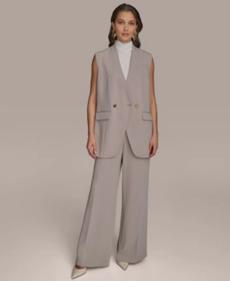 Donna Karan New York Petite V Neck One Button Vest Pinstripe Wide Leg Pants