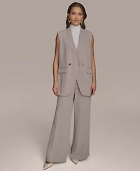 Donna Karan New York Petite V Neck One Button Vest Pinstripe Wide Leg Pants