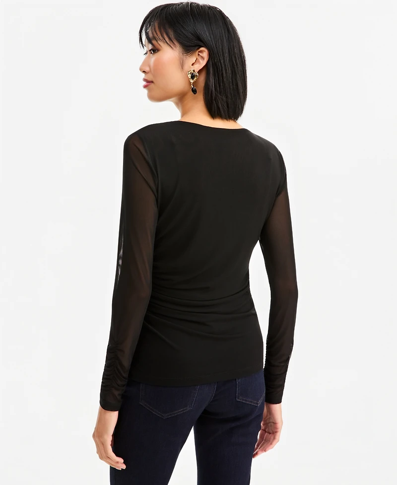 I.n.c. International Concepts Women's Long-Sleeve Ruched Mesh Blouse, Macy's Exclusive