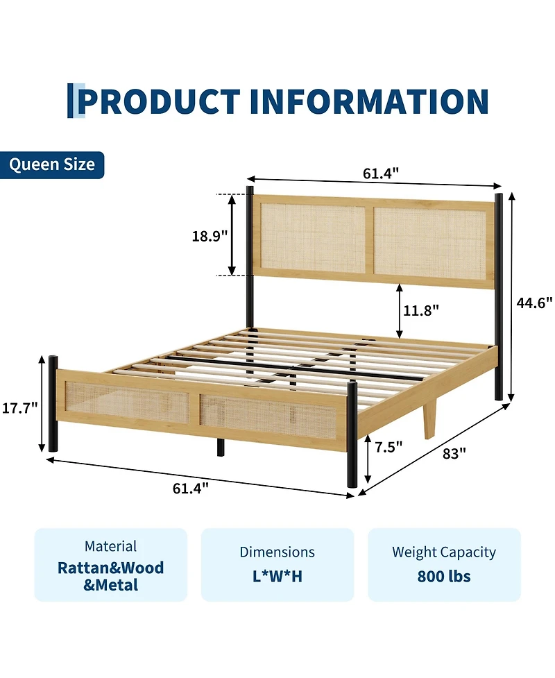 Gaomon Rattan Bed Frame with woven headboard and footboard, sturdy slatted support, no box spring needed, perfect for bedroom