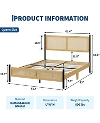Gaomon Rattan Bed Frame with woven headboard and footboard, sturdy slatted support, no box spring needed, perfect for bedroom