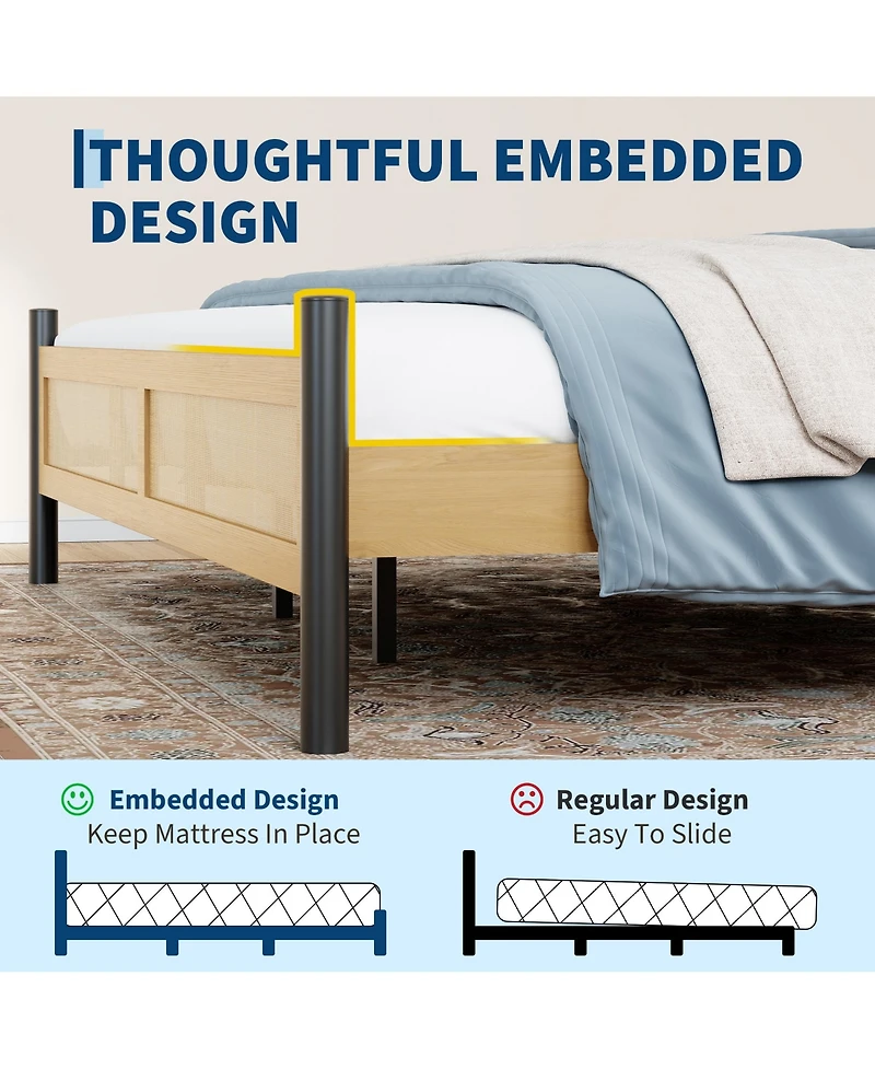 Gaomon Rattan Bed Frame with woven headboard and footboard, sturdy slatted support, no box spring needed, perfect for bedroom