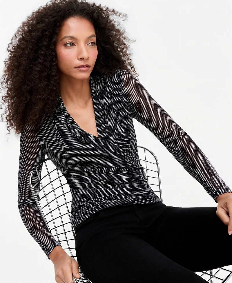 I.n.c. International Concepts Women's Long-Sleeve Surplice Mesh Top, Macy's Exclusive