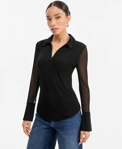 I.n.c. International Concepts Women's Mesh Collared Long-Sleeve Top, Macy's Exclusive