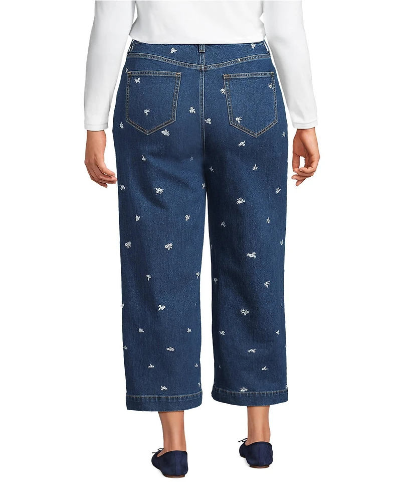 Lands' End Women's Soft Denim High Rise Embroidered Wide Leg Crop Jeans