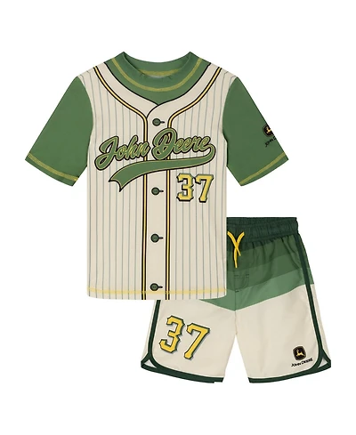 John Deere Toddler Boys Baseball Rash Guard and Swim Trunks Set