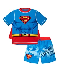 Justice League Boys Batman Superman Cosplay Rash Guard and Swim Trunks Set