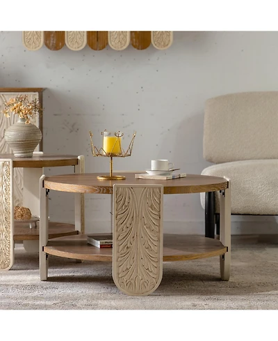 Clihome Carved Wooden Coffee Table, Retro End Table with Double-Layer Storage, Small Side Table
