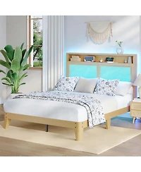 gaomon Rattan King Bed Frame with Led Lights, Boho Wood Storage Headboard & Charging Station, No Box Spring Needed