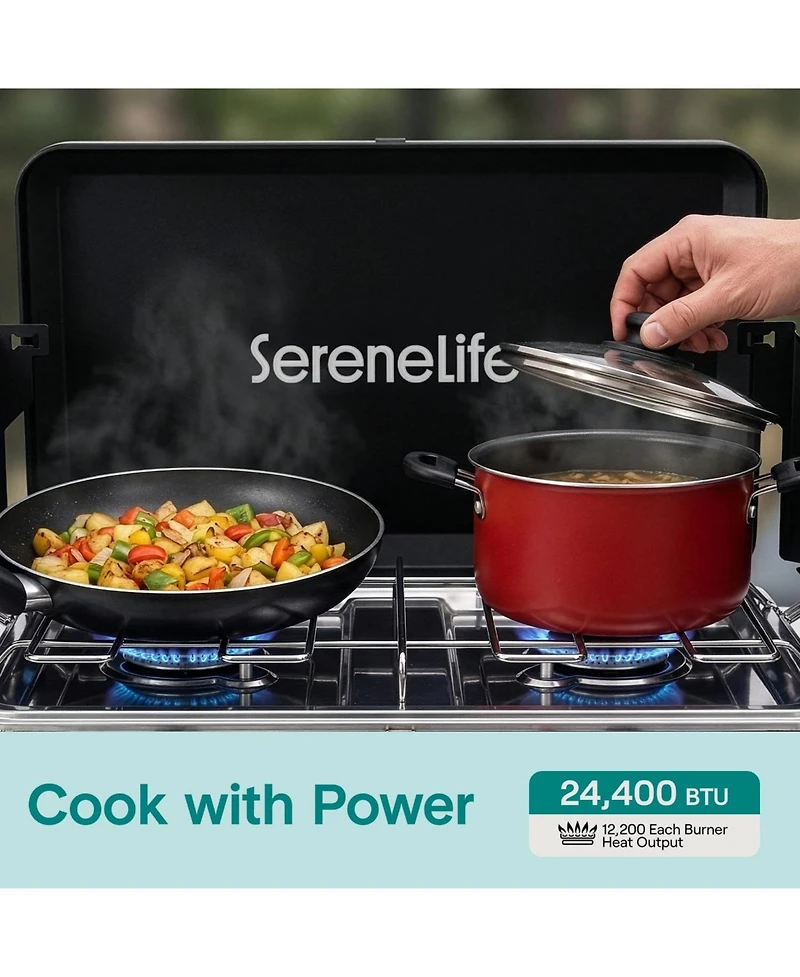 SereneLife 2 Burner Propane Camping Stove - 24,400 Btu Portable Camp Stove with Wind Guards and Push Button Ignition