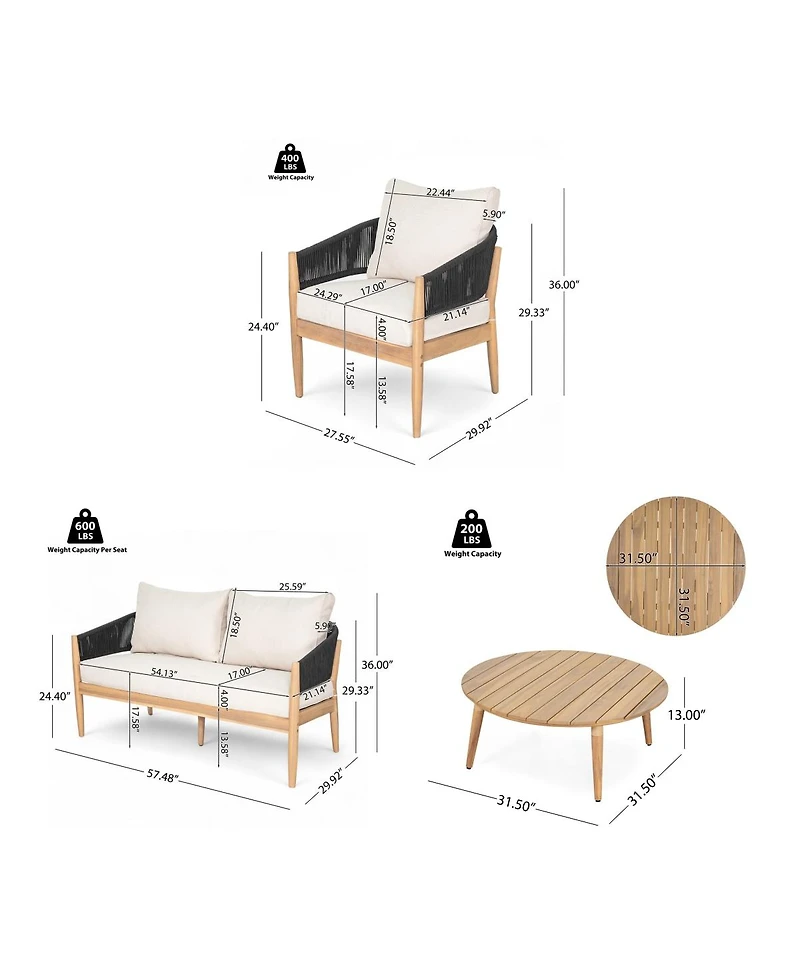 Asagikoiai 4-Piece Boho Acacia Wood Outdoor Patio Furniture Set with Rope Chairs, Loveseat and Table