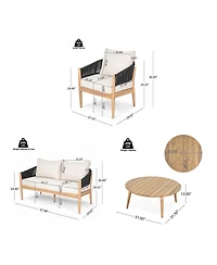 Asagikoiai 4-Piece Boho Acacia Wood Outdoor Patio Furniture Set with Rope Chairs, Loveseat and Table