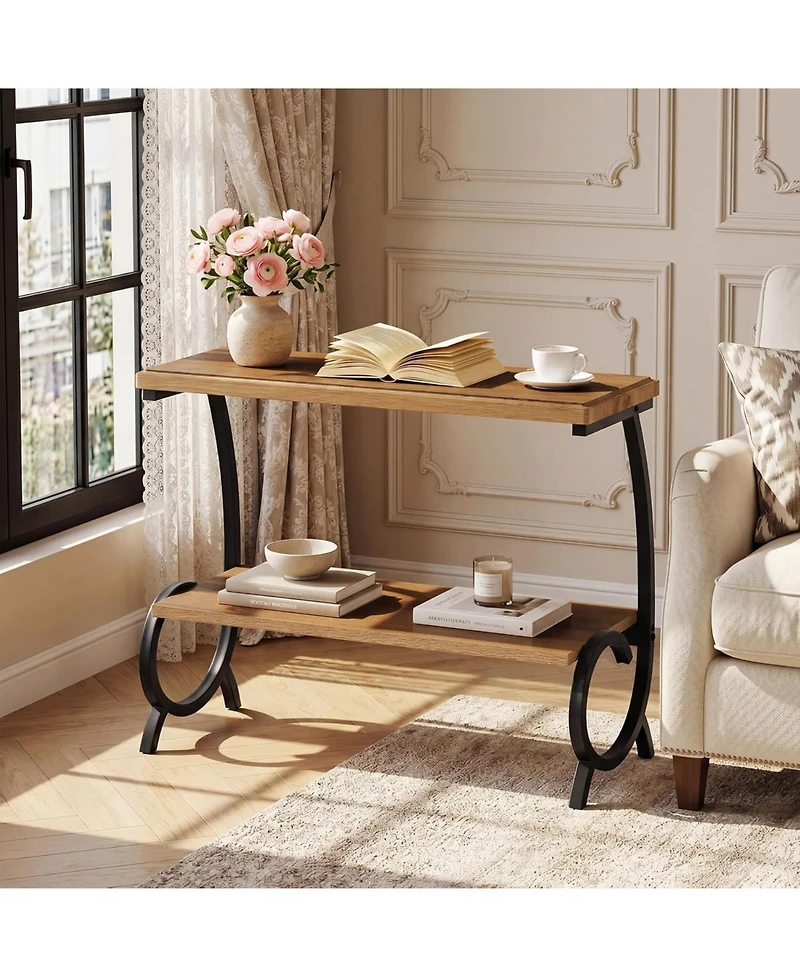 Tribesigns 2-Tier End Table: Narrow couch side table with J-shaped metal legs. Farmhouse bedside nightstand for living room, bedroom