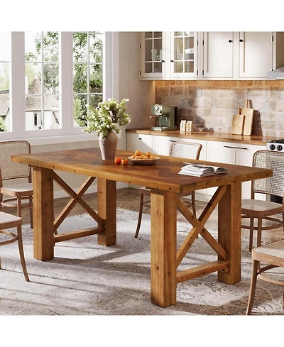 Tribesigns 63-Inch Farmhouse Dining Table for 4-6, Solid Fir Wood Kitchen Table with Parquet Top and X-Shaped Legs, for Dining Room, Living Room