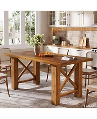 Tribesigns 63-Inch Farmhouse Dining Table for 4-6, Solid Fir Wood Kitchen Table with Parquet Top and X-Shaped Legs, for Dining Room, Living Room