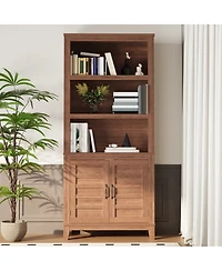 homfan 5-Tier Bookcase with Doors Floor Standing Farmhouse Wooden Bookshelf, 71.3" Tall Storage Cabinet for Home Office, Living Room or Bedroom