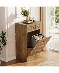 Tribesigns 13 Gallons Tilt Out Trash Can, Hidden Garbage Can Cabinet with Drawer, Wooden Fluted Trash Bin Cabinets for Kitchen Living Room