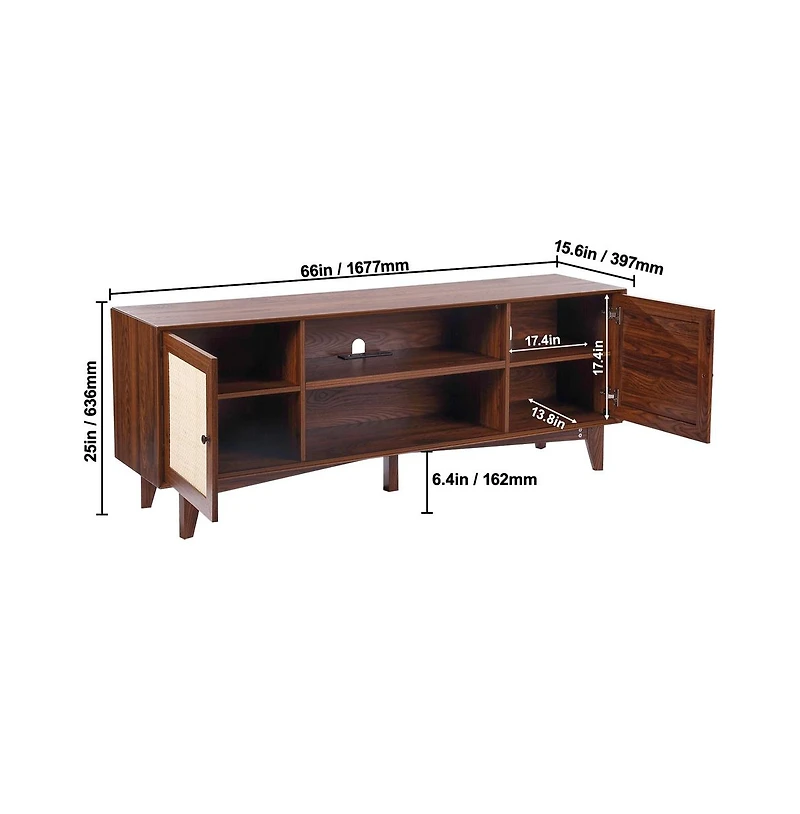 Sugift Rattan Tv Stand for 75 in Tv, 66 in Boho Entertainment Center with Built-In Power Strip and Storage Cabinets