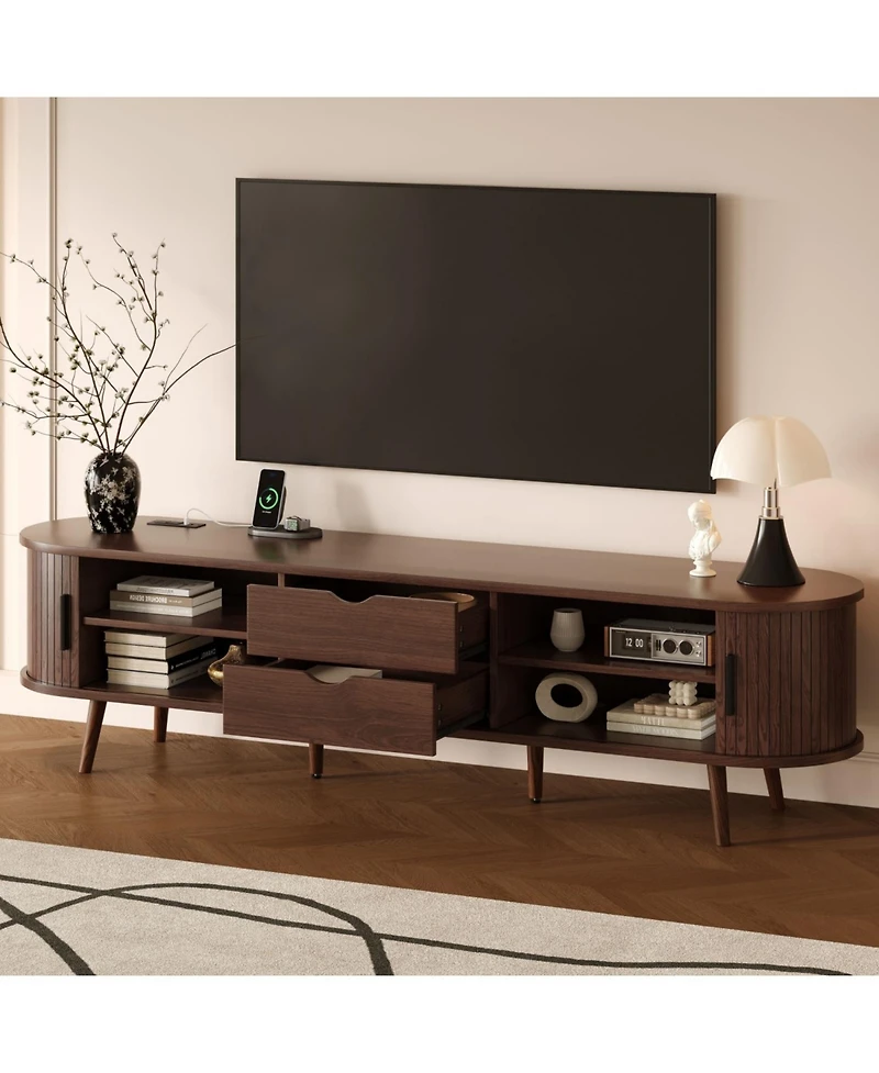 Rainsken 70 Inch Mid Century Modern Tv Stand, for 80 Inch Tv, with Power Outlet and Sliding Door, for Living Room, Bedroom
