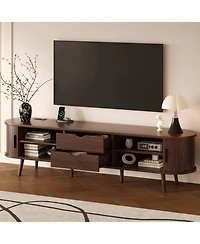 Rainsken 70 Inch Mid Century Modern Tv Stand, for 80 Inch Tv, with Power Outlet and Sliding Door, for Living Room, Bedroom