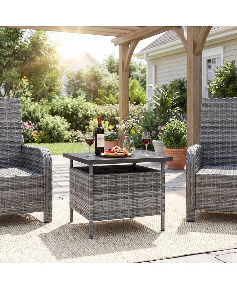 Sugift Patio Square Wicker Side Table with Umbrella Hole for Yard and Pool Deck