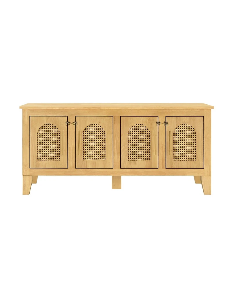 6thdruple Rattan Decor Dog Crate, Rubber Wood Cabinet Furniture with 4 Doors for Living Room