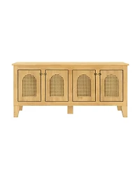 6thdruple Rattan Decor Dog Crate, Rubber Wood Cabinet Furniture with 4 Doors for Living Room
