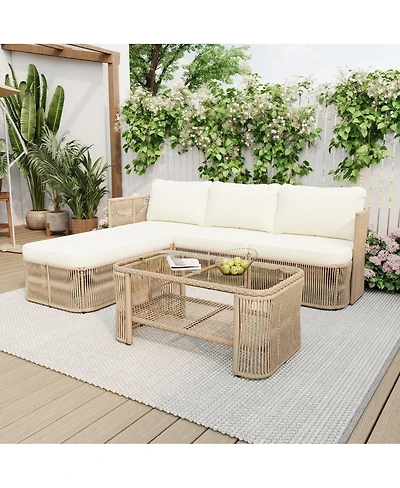 Asagikoiai Pe Rattan Outdoor Sectional Sofa Set with Cushions and Coffee Table