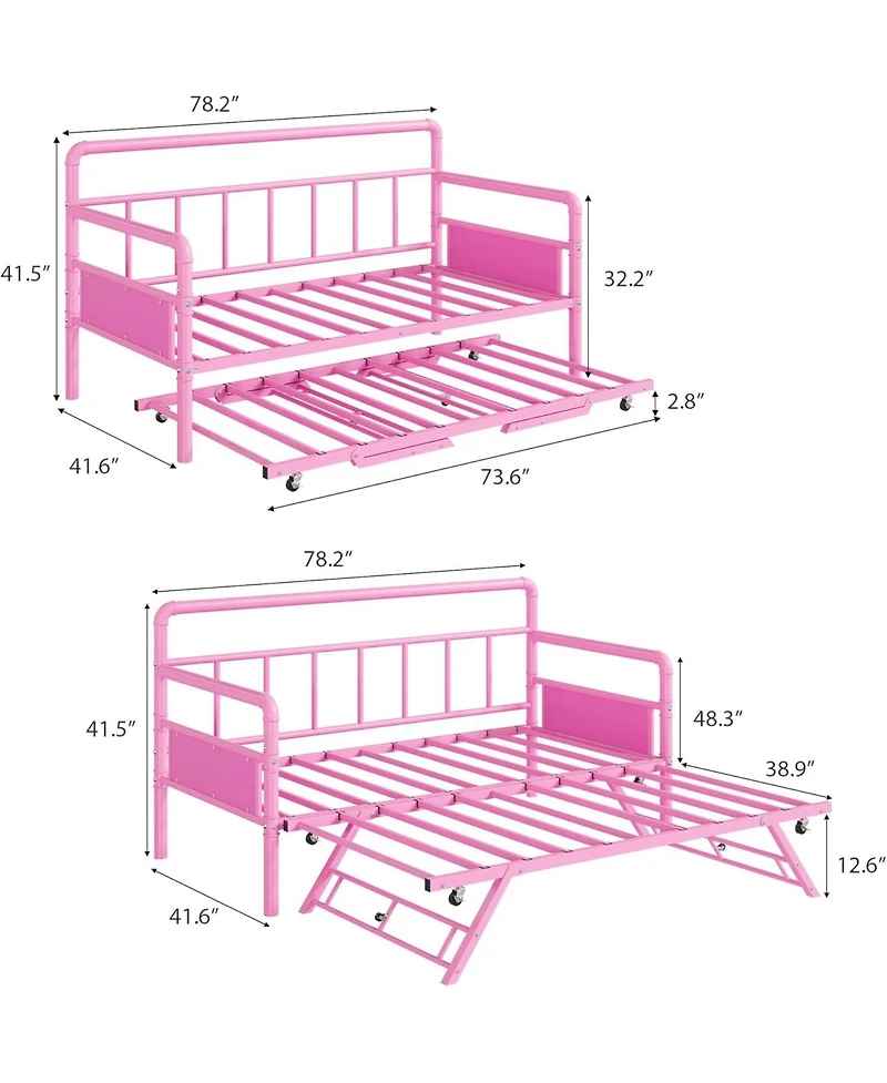 gaomon Twin Daybed with Foldable Metal Trundle, Heavy Duty Steel Slats Support, Sofa Bed Frame for Living Room or Guest Room, Noise Free