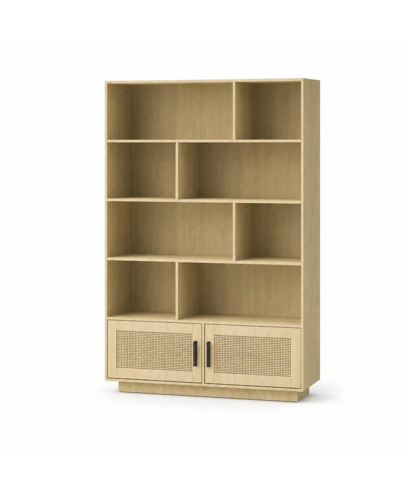 homfan 5-Tier Boho Bookcase with Rattan Doors – Tall Wooden Bookshelf with Open Shelves for Living Room or Bedroom