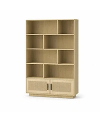 homfan 5-Tier Boho Bookcase with Rattan Doors – Tall Wooden Bookshelf with Open Shelves for Living Room or Bedroom