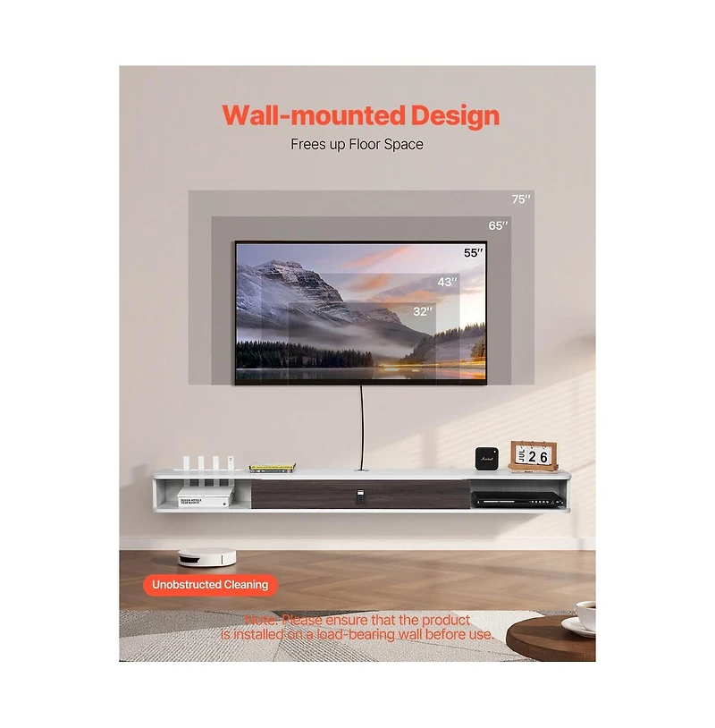 Sugift Floating Tv Stand 70 Inch Wall Mount Entertainment Center with Cable Hole