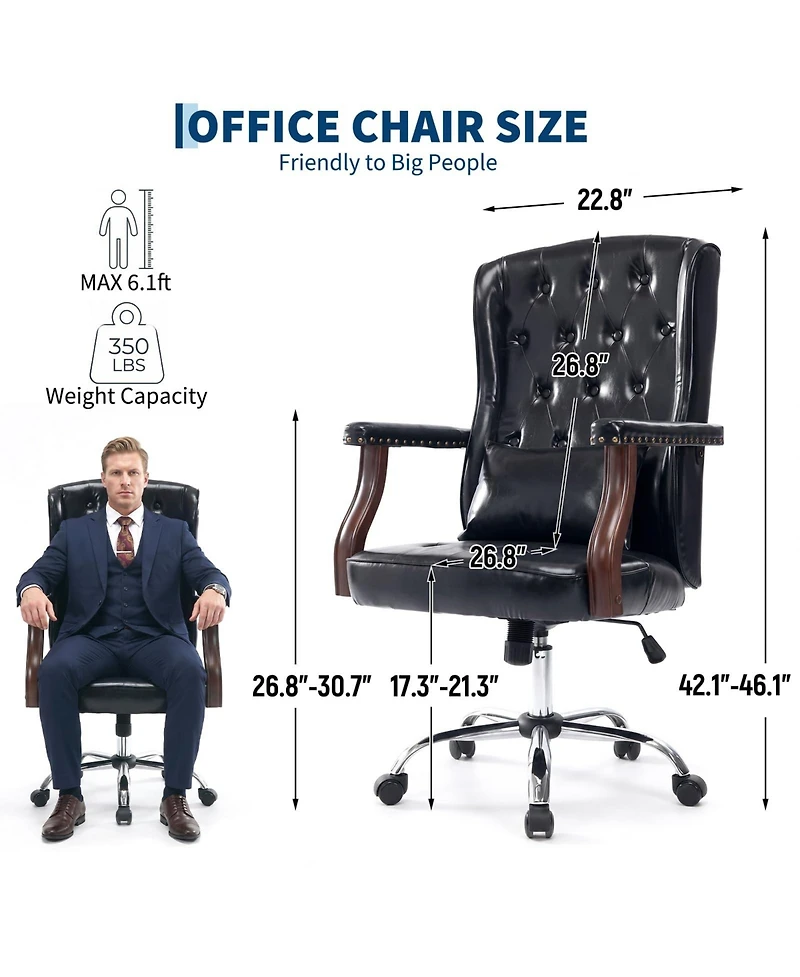 homfan Vintage Wingback Swivel Executive Chair with Thick Cushion, Adjustable Recline, and Wood Base