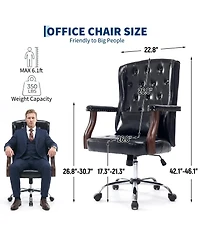 homfan Vintage Wingback Swivel Executive Chair with Thick Cushion, Adjustable Recline, and Wood Base