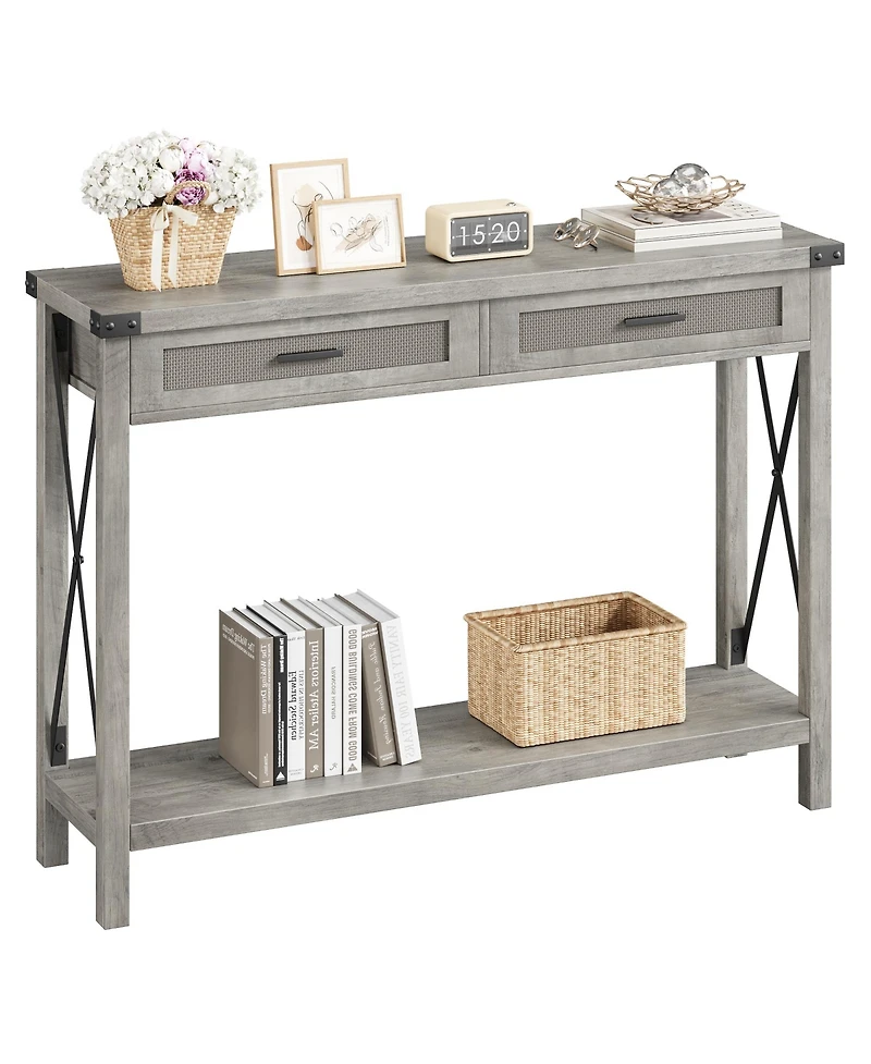 homfan 43" Burlywood and Grey Console Table with Rattan Drawers and Storage Shelf, Entryway Sofa Table