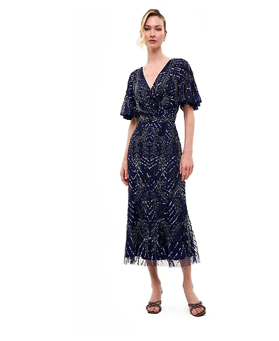 Beauut Women's Embellished Sequins Flutter Sleeves Midi Dress