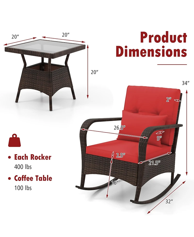 Gymax 3 Piece Outdoor Rocking Set Rattan Rocker Chairs w/ Tempered Glass Coffee Table