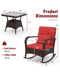 Gymax 3 Piece Outdoor Rocking Set Rattan Rocker Chairs w/ Tempered Glass Coffee Table